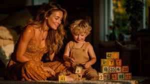 A cinematic photo of a young mother and her preschool son sitting on the floor, playing with number blocks and practicing estimation in warm natural light. The child looks engaged and happy, while the mother watches supportively, creating a heartwarming math learning moment.