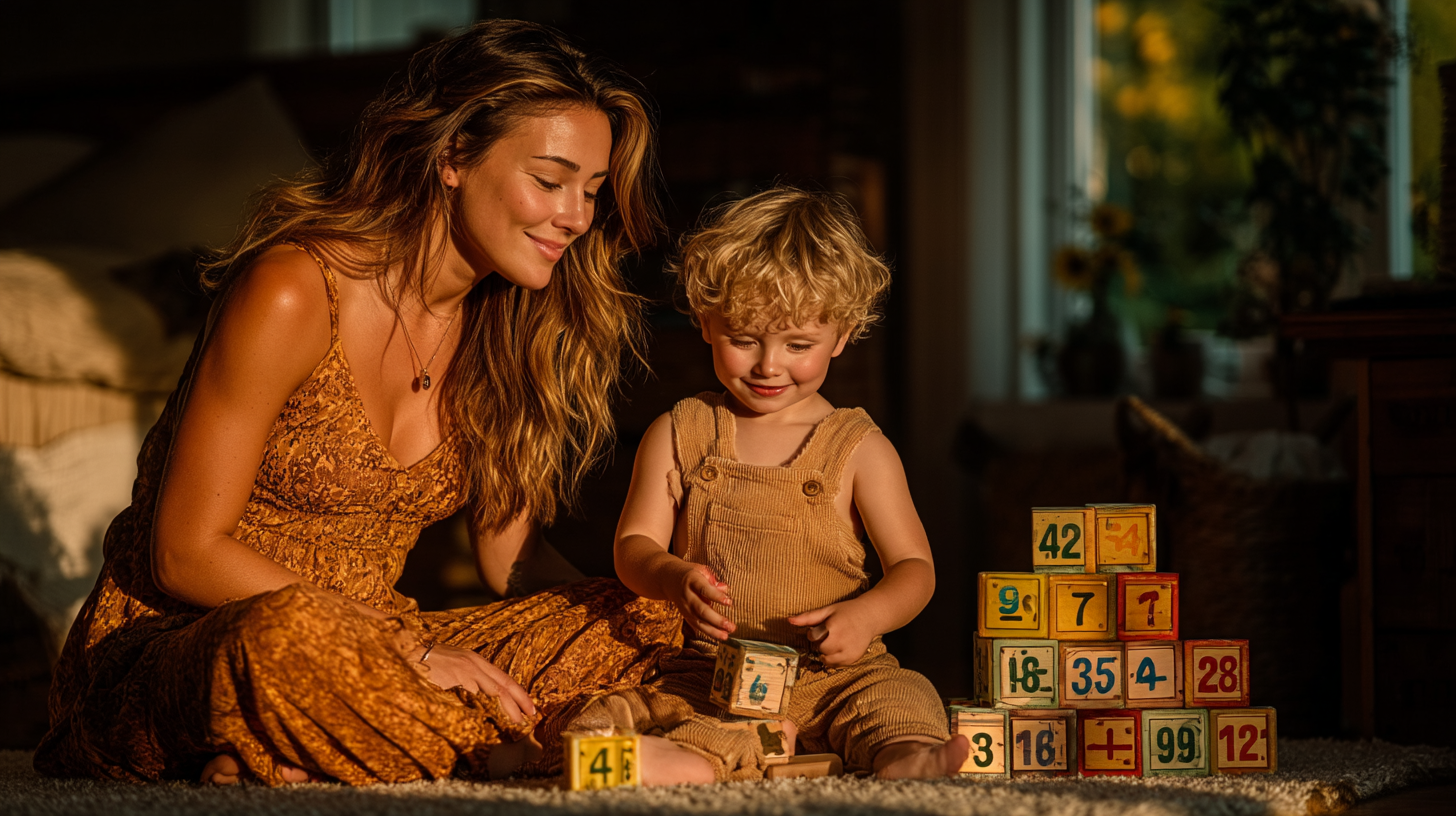 A cinematic photo of a young mother and her preschool son sitting on the floor, playing with number blocks and practicing estimation in warm natural light. The child looks engaged and happy, while the mother watches supportively, creating a heartwarming math learning moment.
