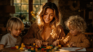 A mother and her two young children are sitting at a wooden table, playing with colorful LEGO bricks together. The mother is smiling warmly as she helps her kids sort and stack the bricks. Sunlight filters through the window, creating a cozy and joyful homeschooling atmosphere focused on hands-on math learning.