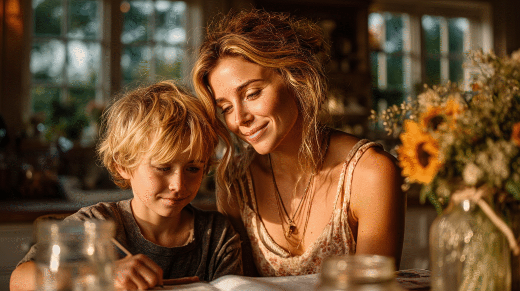 A cinematic photo of a stylish young mother and her blonde son learning math together at home in warm sunset light, cozy and emotional atmosphere, with sunflowers in the foreground.