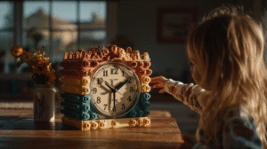 Close-up of a toy analog clock on a wooden table, with a child’s hand reaching to move the clock’s hand, captured in warm natural light at home.