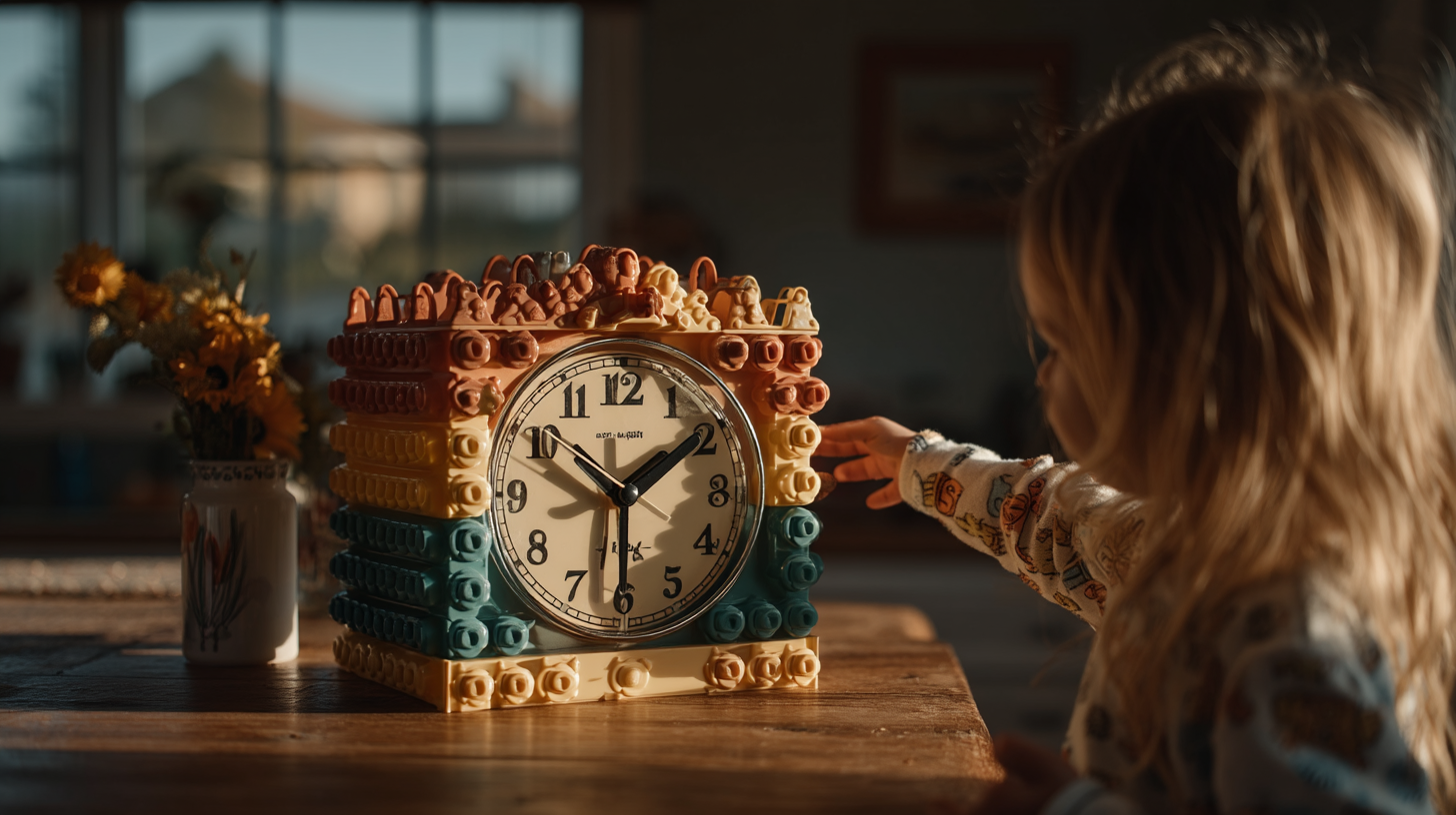 A parent using a toy clock to teach kids to tell time at home