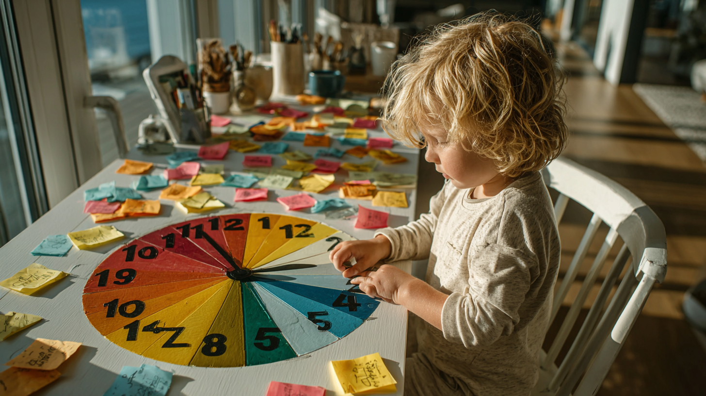 A child in stylish summer clothes plays with a colorful toy analog clock on a modern white table, surrounded by sticky notes with time labels, in a bright urban apartment.