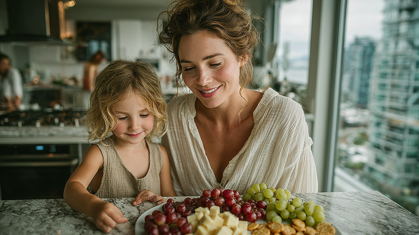 Mother and daughter smiling together at a bright kitchen table, exploring a colorful snack plate with grapes, cheese cubes, and crackers — creating a playful math moment through food.