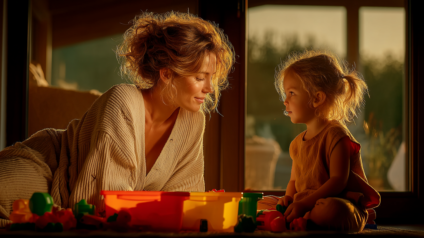 A cinematic photo of a stylish young mom and her toddler playing together with colorful toys on the floor in warm evening light