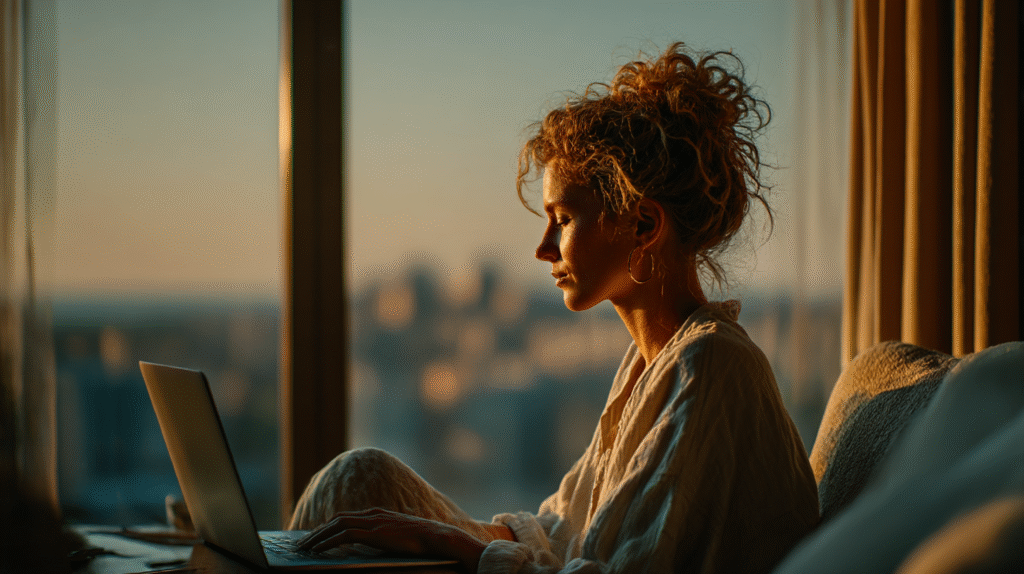 A stylish, attractive professional woman working on a laptop in her modern urban apartment during sunset, with soft golden lighting and a city skyline in the background.