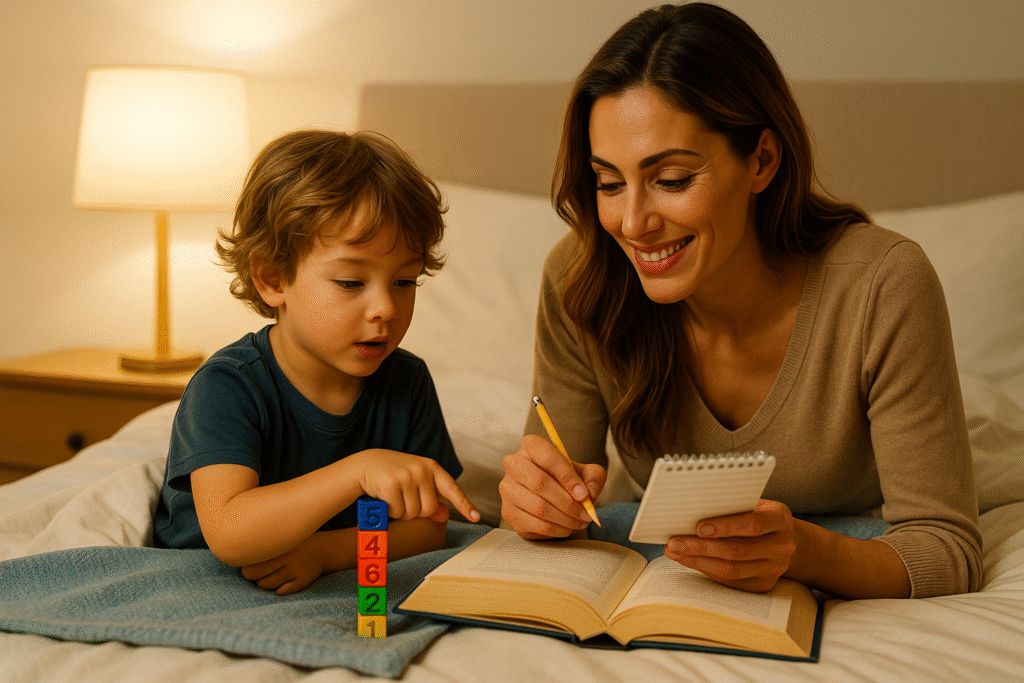 A mother and her young son lying on a bed, engaging in a bedtime math activity using a notebook and colorful counting blocks under warm room lighting.