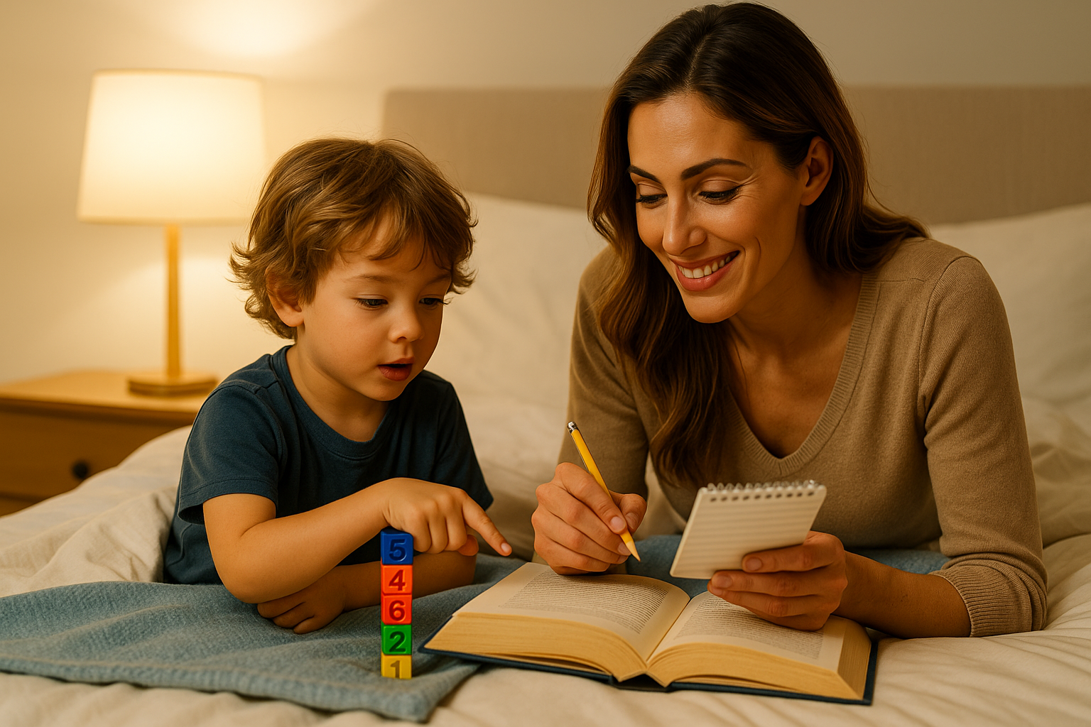 A mother and her young son lying on a bed, engaging in a bedtime math activity using a notebook and colorful counting blocks under warm room lighting.