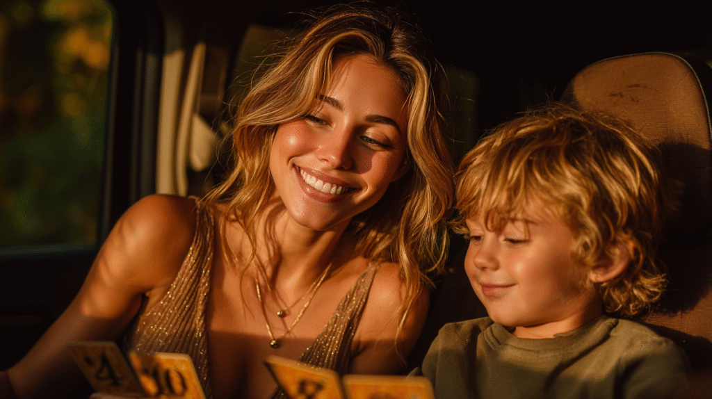 Mom and child playing car math games together during a road trip, smiling and learning number sense — math activities for kids in the car