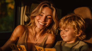 Mom and child playing car math games together during a road trip, smiling and learning number sense — math activities for kids in the car