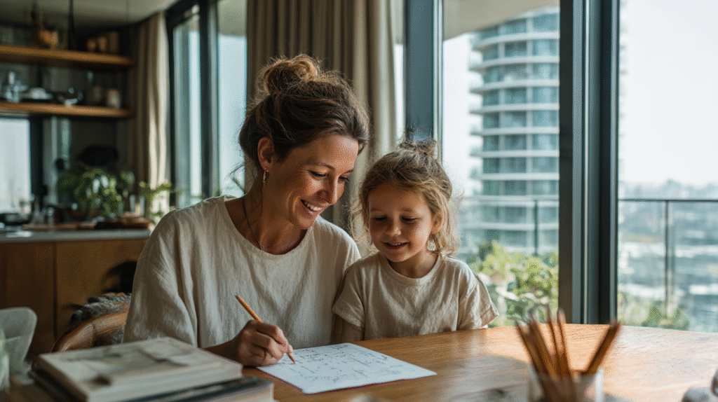 A smiling mother and her daughter solving math problems together at a wooden table in a modern high-rise apartment. Bright natural light fills the space.