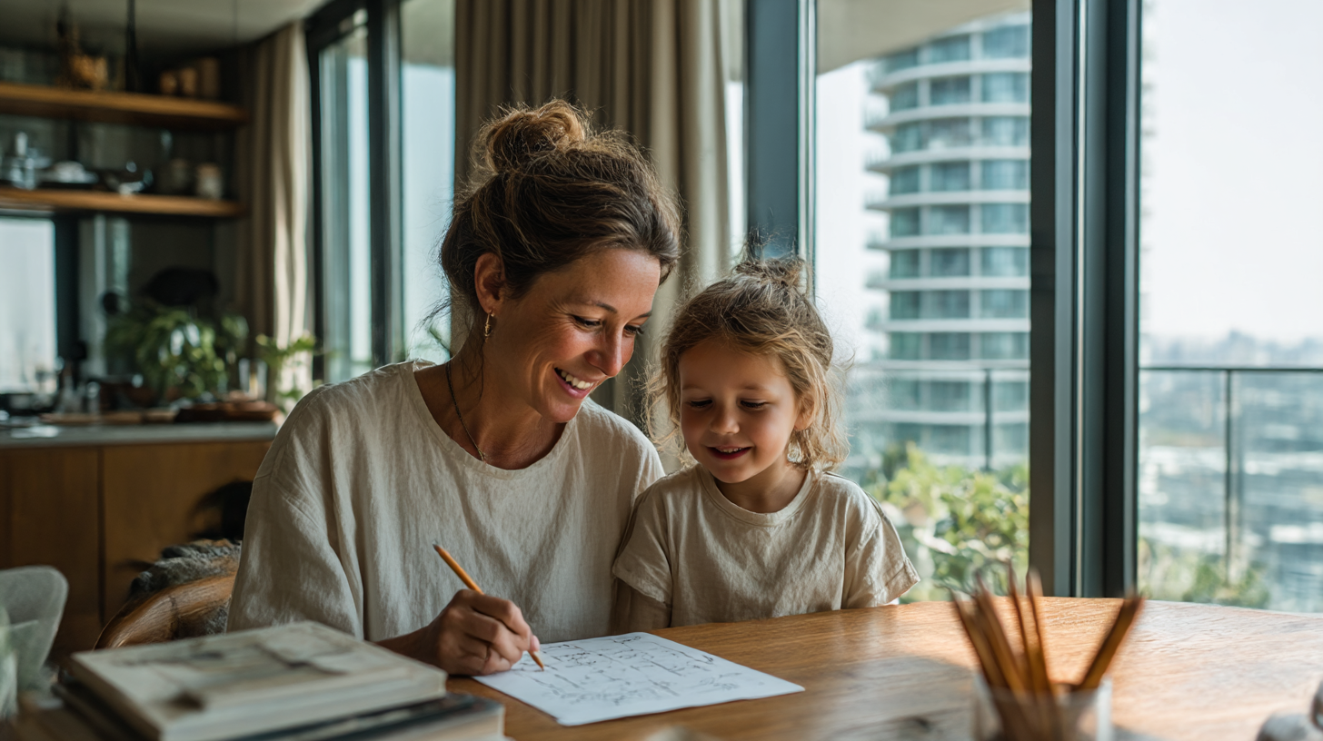 A smiling mother and her daughter solving math problems together at a wooden table in a modern high-rise apartment. Bright natural light fills the space.