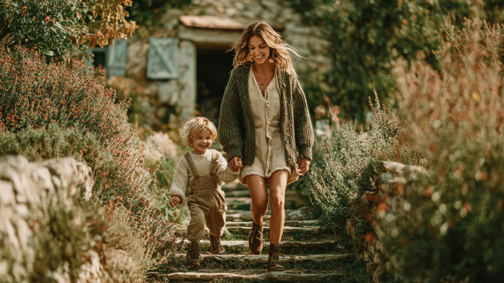A joyful mom and child playing a counting steps game while walking outdoors on stone stairs, surrounded by nature, smiling and holding hands in cozy outfits