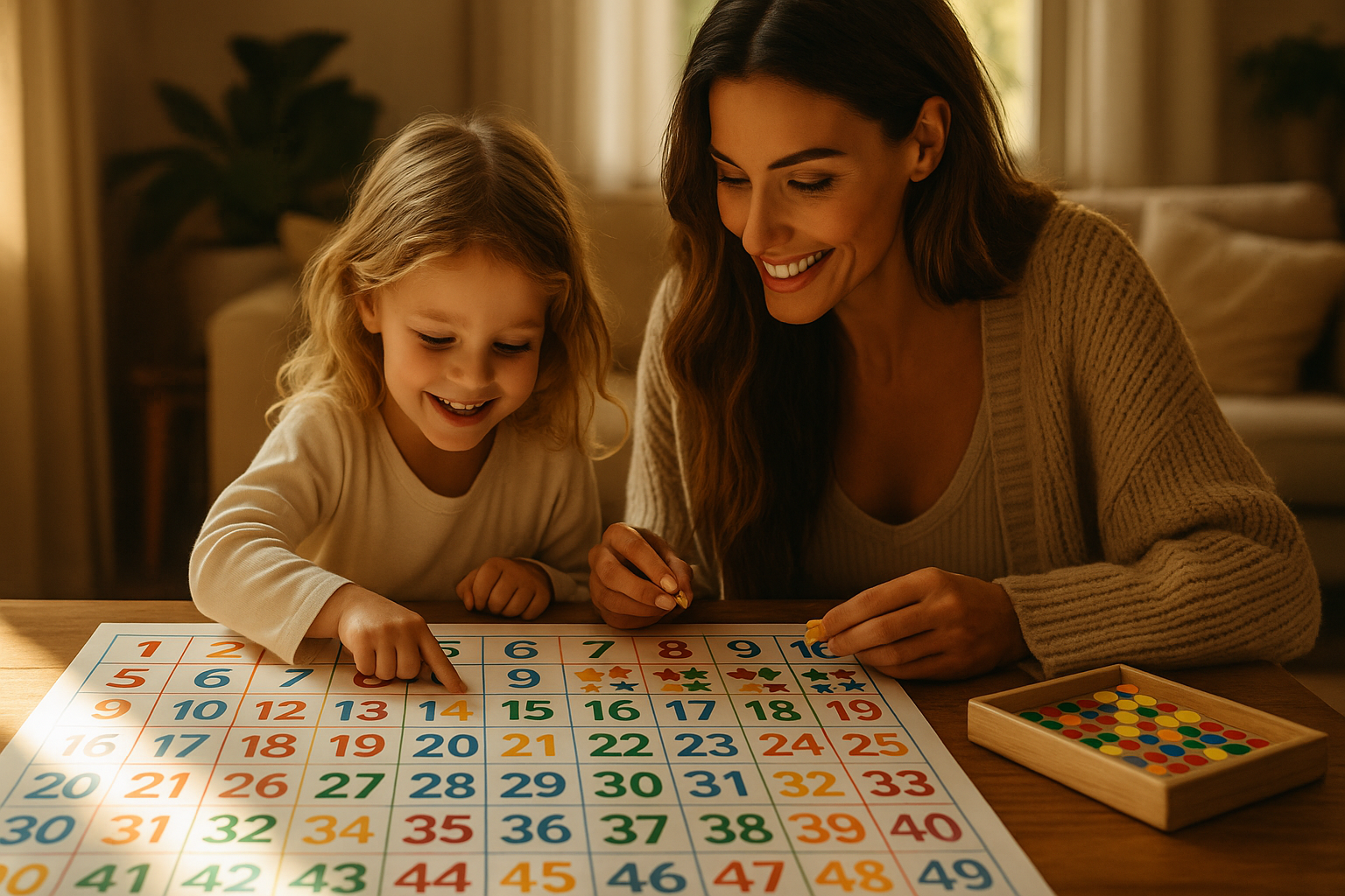 A mother and daughter happily placing stickers on a colorful counting chart in a cozy, sunlit living room, engaging in early math learning together