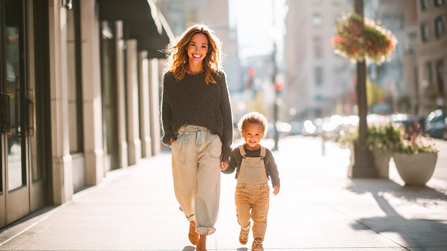 A smiling mom and her young child count their steps while walking together on a sunny city sidewalk, turning a simple stroll into a fun math game.
