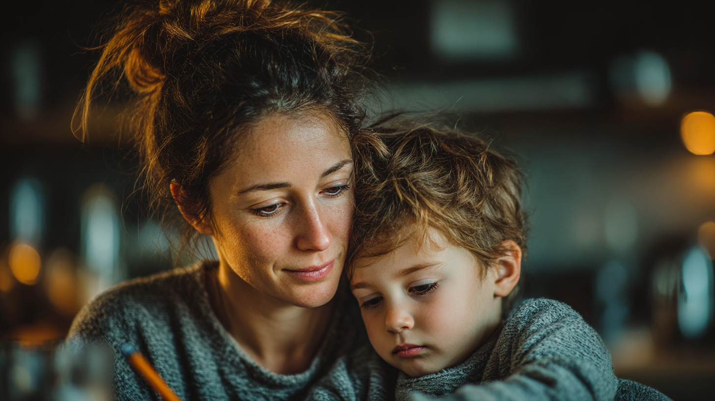 A tender moment of a mother helping her child turn frustration into confidence through a math activity at home, showing the power of emotional support in learning.