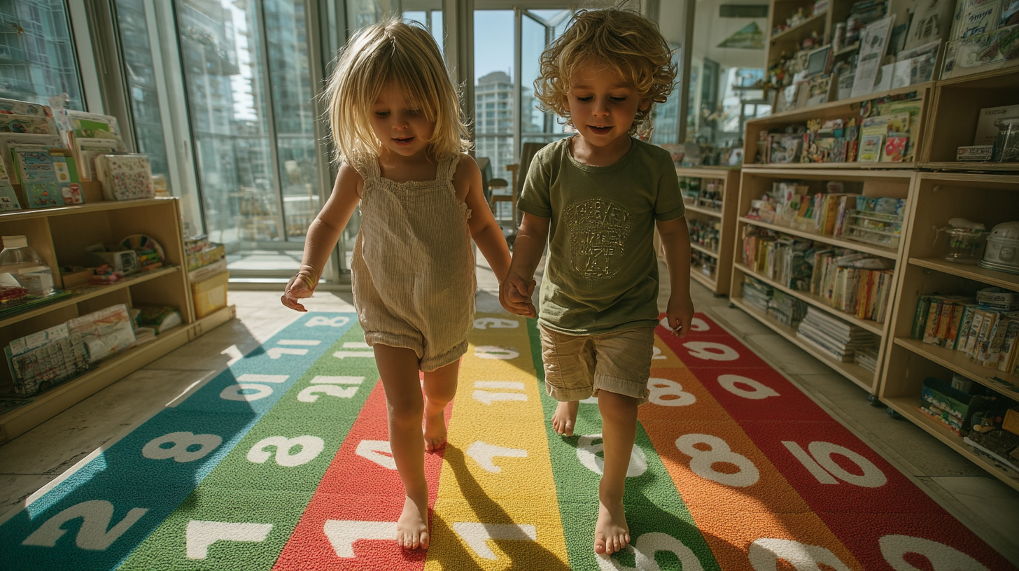 Two young children play barefoot on a colorful number mat inside a bright, modern classroom, engaging in fun early math learning activities.