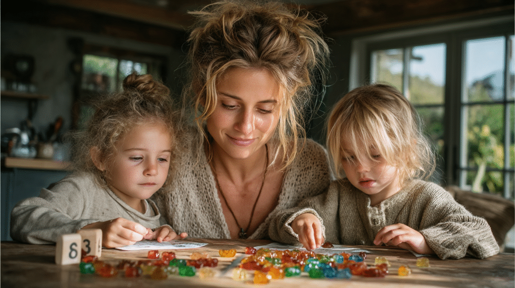 A beautiful mom and her two young children joyfully playing with colorful gummy bears and number blocks, learning early math skills and number sense through playful bonding at home.