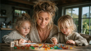 A beautiful mom and her two young children joyfully playing with colorful gummy bears and number blocks, learning early math skills and number sense through playful bonding at home.