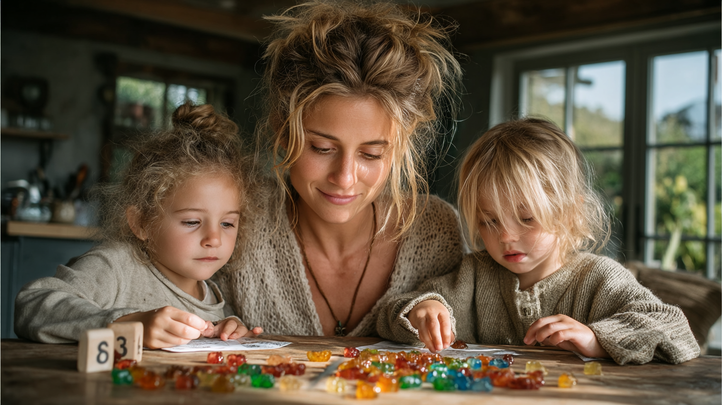 A beautiful mom and her two young children joyfully playing with colorful gummy bears and number blocks, learning early math skills and number sense through playful bonding at home.