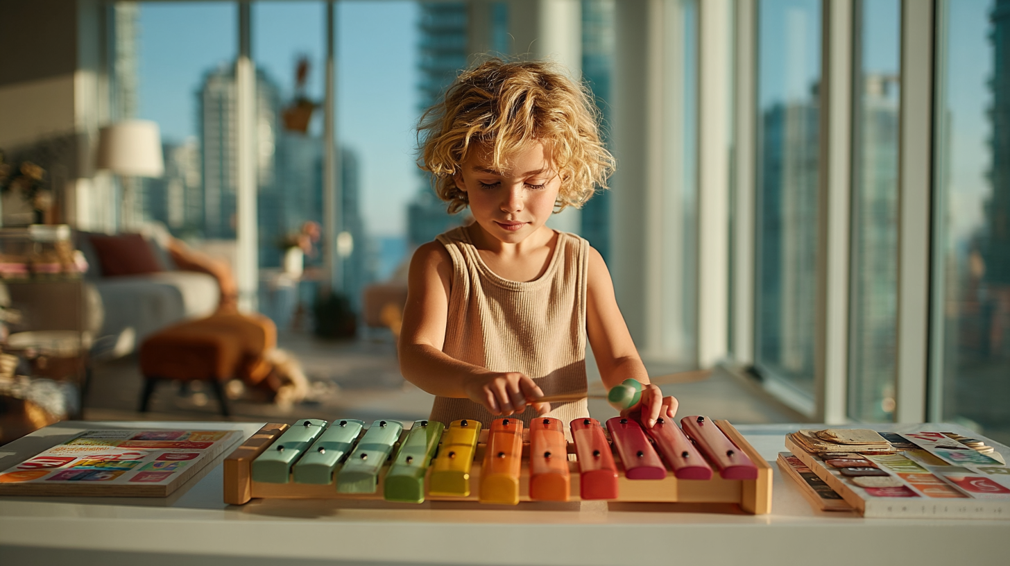A preschool-aged boy in a summer outfit playing a colorful xylophone in a modern urban apartment, engaging in a playful early math activity through music