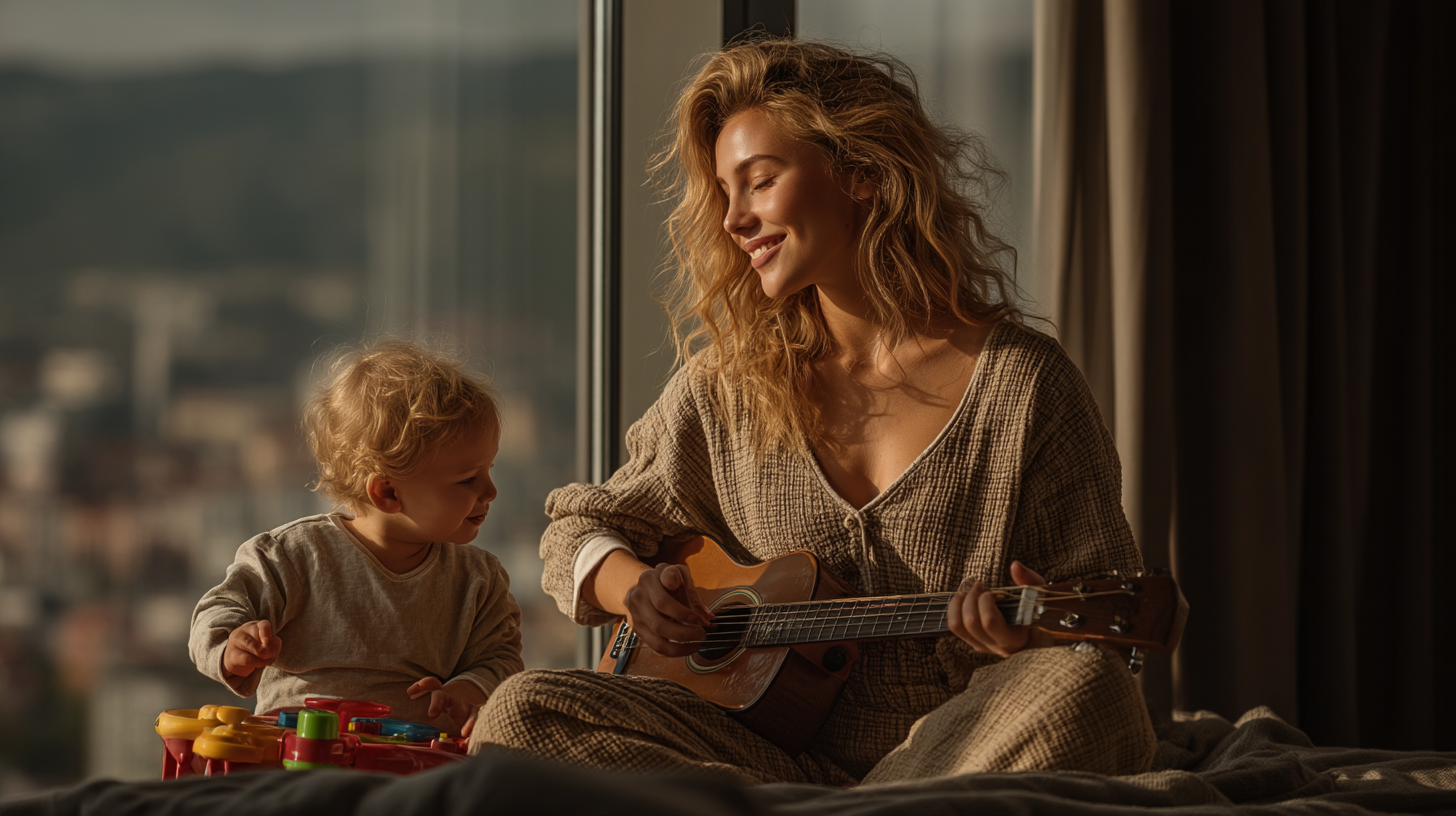 A stylish young mother playing a ukulele with her toddler in a modern high-rise apartment, engaging in early math learning through music in summer outfits