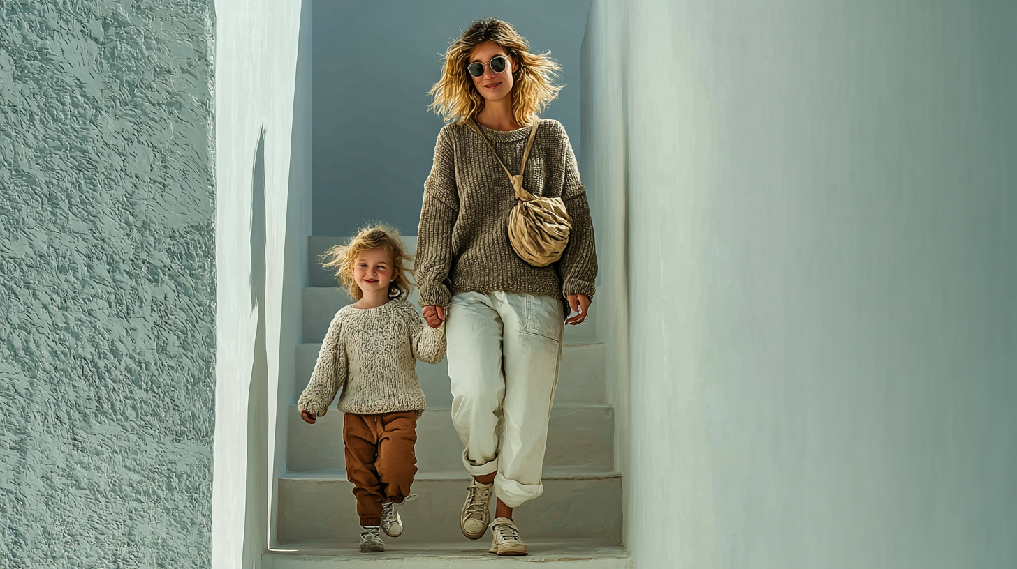 A smiling mom and child walking hand in hand up outdoor steps in natural sunlight, both wearing cozy sweaters