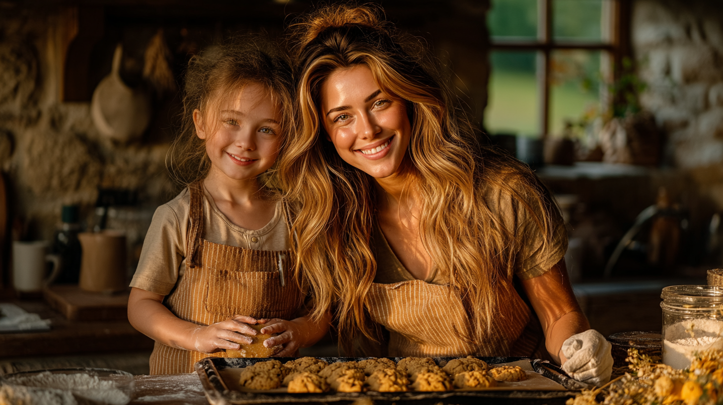 A stylish young mother and her preschool daughter smiling in a rustic kitchen while baking cookies together during golden hour. Both wear matching aprons with flour on their hands, surrounded by warm sunlight.