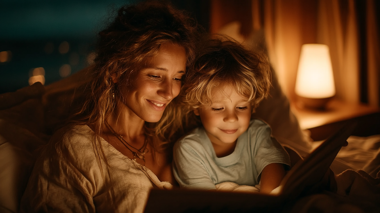 "A young Caucasian mother and her son reading a book together in bed under a warm lamp light, both smiling and enjoying the moment in a cozy nighttime setting