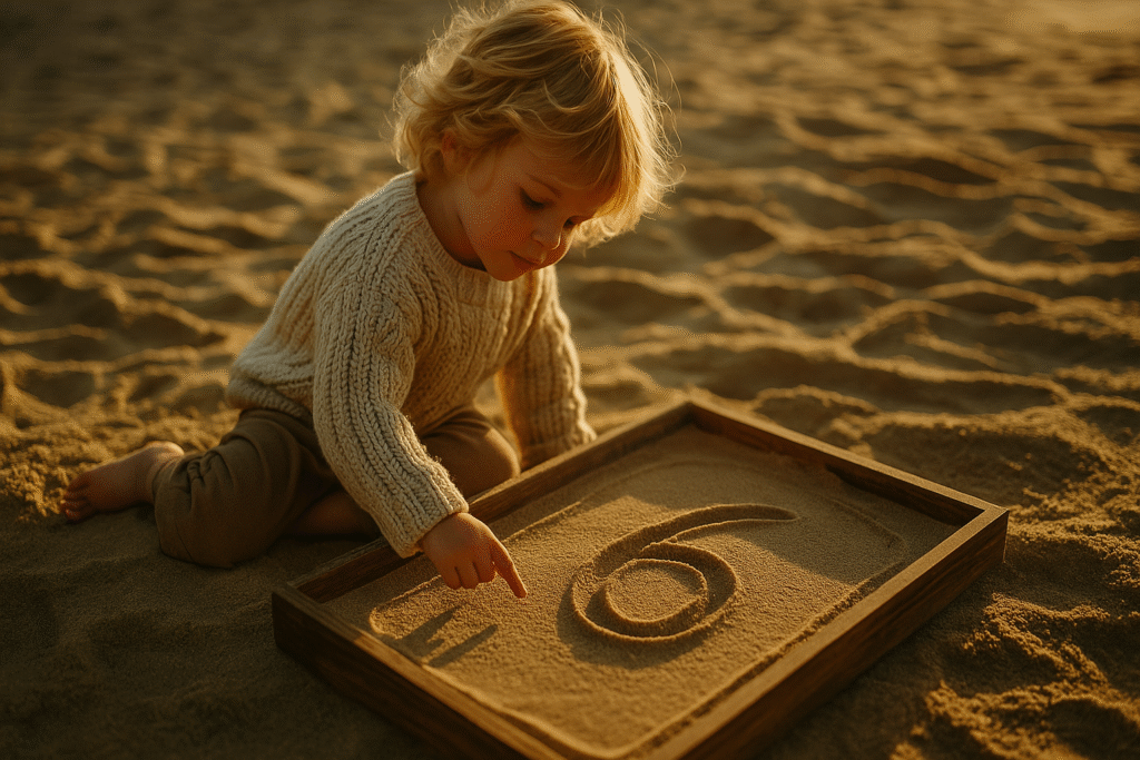 A young child tracing the number 6 in a wooden sand tray at sunset, highlighting tactile math learning in a calming beach setting