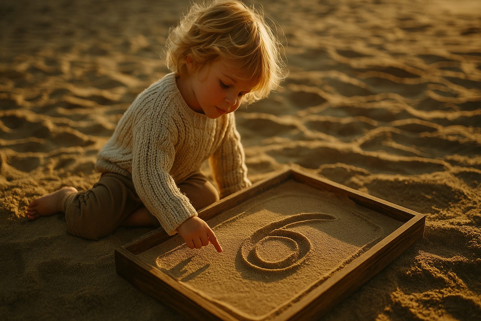 A young child tracing the number 6 in a wooden sand tray at sunset, highlighting tactile math learning in a calming beach setting