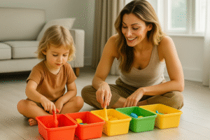 A cinematic photo of a mother and daughter sorting colorful toys into bins on a wooden floor with warm sunlight filtering through a living room window.