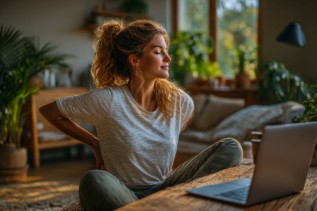 A modern woman in her 30s stretching her back while working on a laptop at home, sitting at a wooden desk in a cozy, minimal interior with natural daylight.