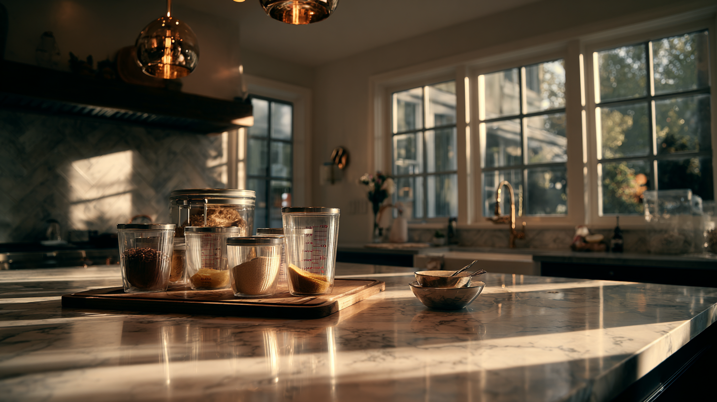 Modern kitchen setup showing cooking fractions for kids learning materials and measuring tools