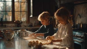Children learning cooking fractions for kids through hands-on pizza making activities in modern kitchen