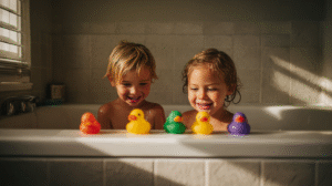Bath time math activities for kids featuring children playing with colorful measuring cups and floating toys in a modern bathroom setting