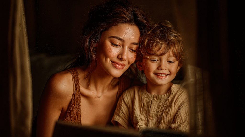 A cinematic summer image of a mother and child in light pajamas enjoying a bedtime math activity to boost math confidence