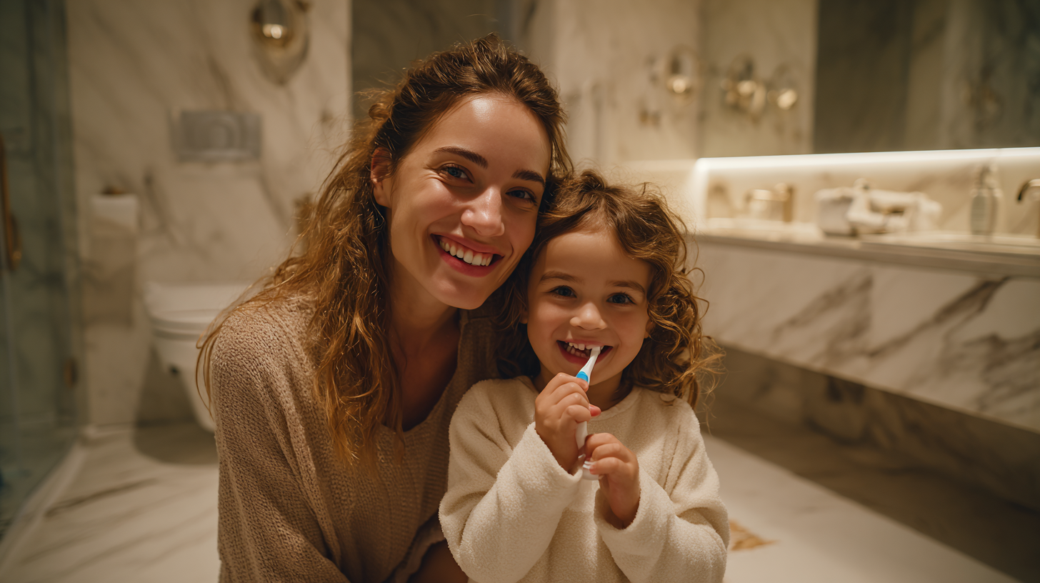 Beautiful mom helping 4-year-old daughter with fun brushing teeth countdown activity in modern bathroom
