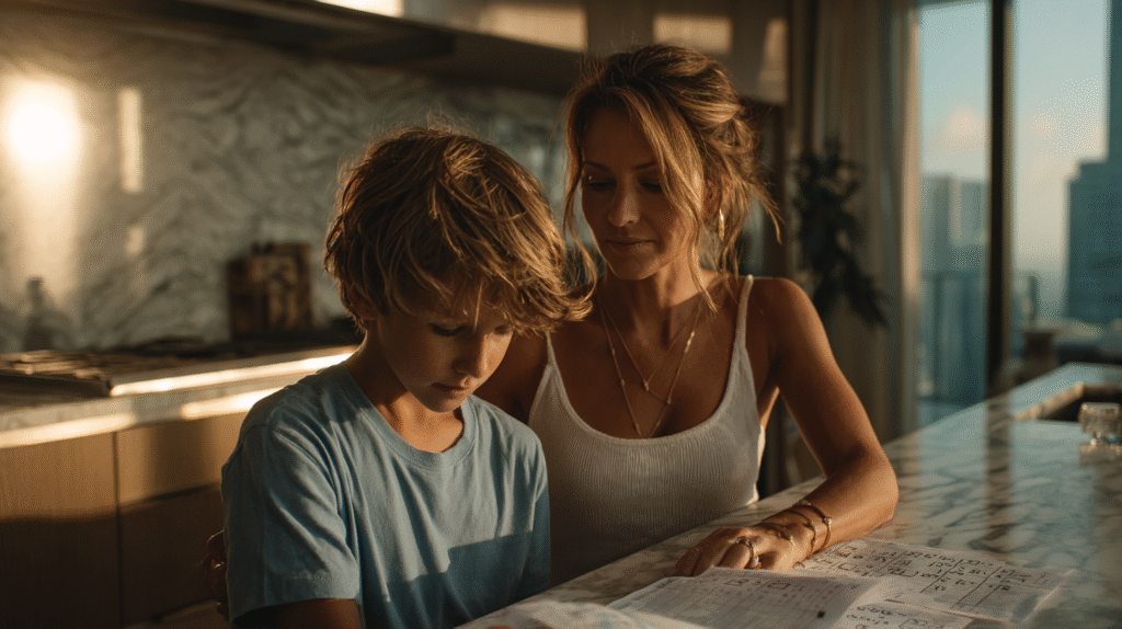 A cozy modern study corner capturing the idea of building grit through math mistakes in kids, with an 8-year-old boy working on math at a child-sized desk and a supportive mother in the background.