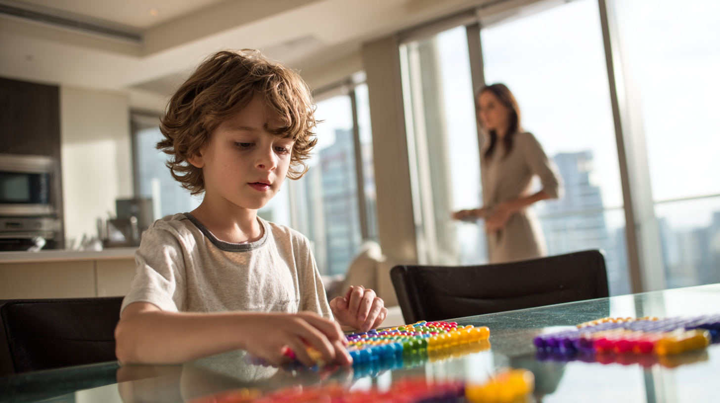 Child engaged in subitizing activities for kindergarten with supportive mother, building grit through math mistakes in a modern home setting