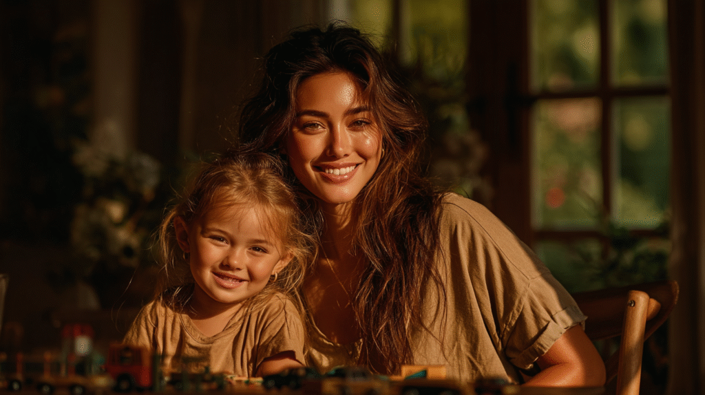 Mother and daughter smiling together while practicing counting on strategies with toy cars at a sunlit living room table during summer