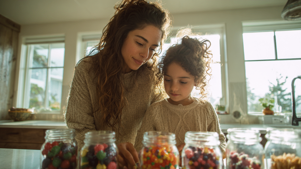 Beautiful mom and 6-year-old daughter exploring estimation jars filled with colorful objects on kitchen counter