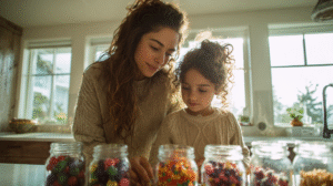 Beautiful mom and 6-year-old daughter exploring estimation jars filled with colorful objects on kitchen counter