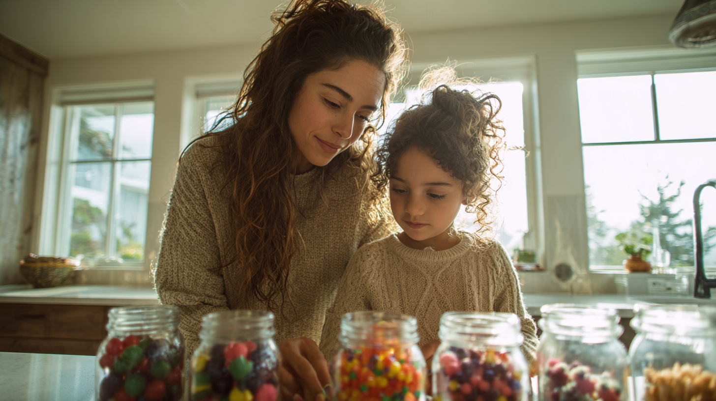 Beautiful mom and 6-year-old daughter exploring estimation jars filled with colorful objects on kitchen counter
