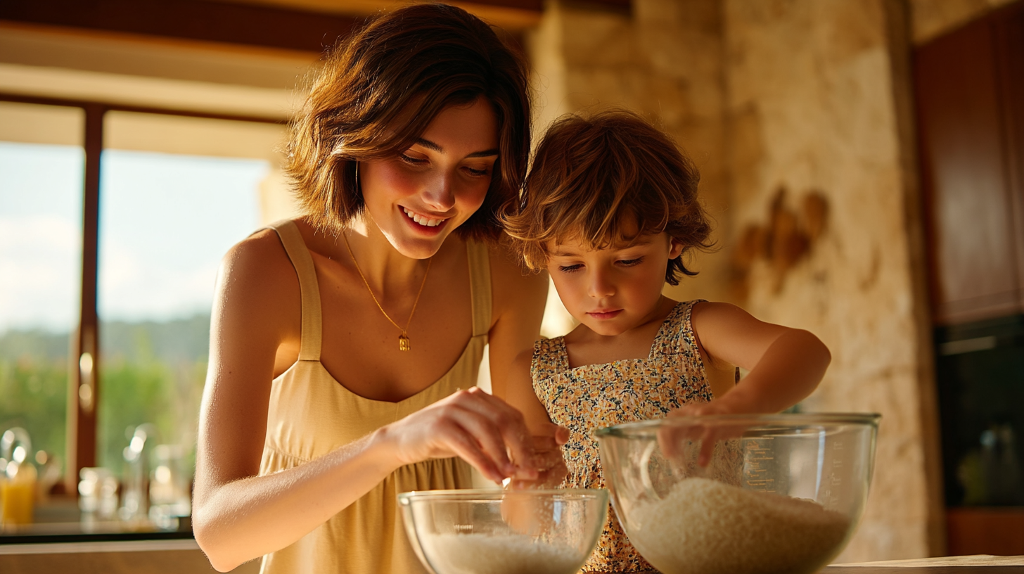 A child measuring ingredients with fractional cups alongside a smiling mom in a bright kitchen, demonstrating hands-on grocery store math activities
