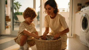 laundry day math activities for kids matching socks in a bright laundry room