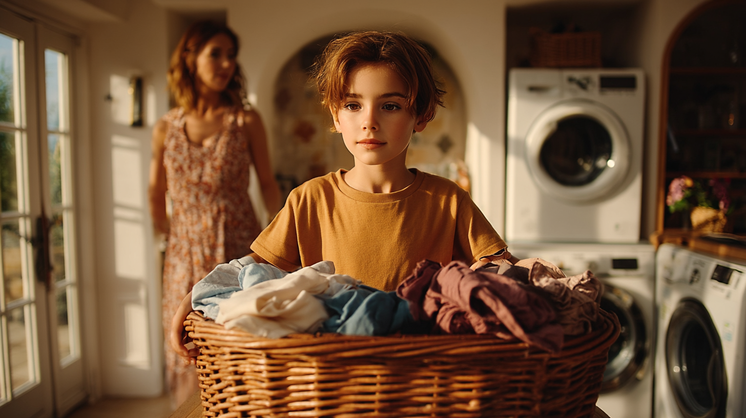 A child weighing a laundry basket on a household scale with the mother nearby, demonstrating grocery store math activities through household chores