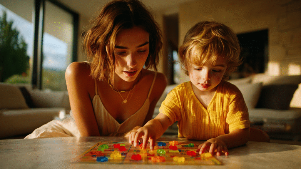 Mother and child playing with colorful blocks on a ten frame board, practicing ten frame activities for number sense at home.