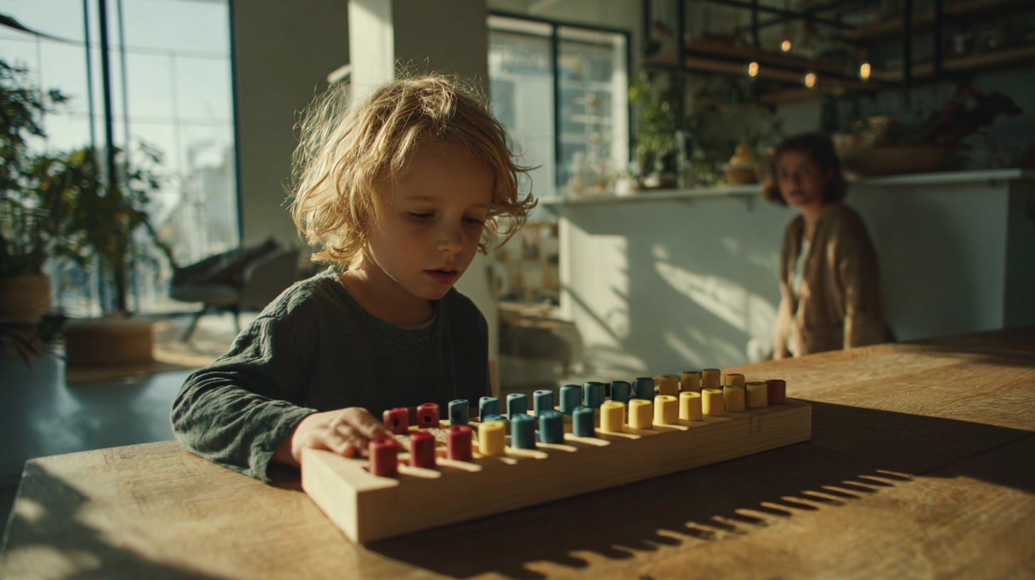 Young child practicing ten frame activities for number sense using colorful wooden counters on a math board