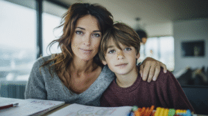 Beautiful mom helping frustrated 8-year-old son overcome I can't in math learning attitudes with supportive guidance
